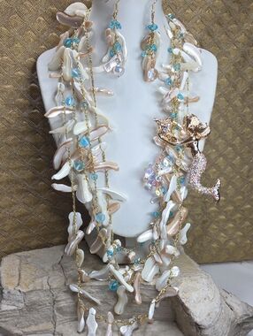 Handcrafted Mother Of Pearl & Turquoise Mermaid Pendant Necklace Set - Gold